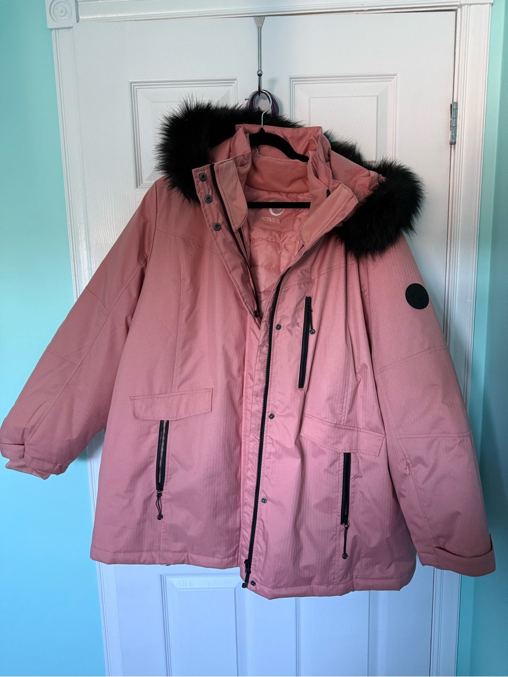 Penningtons Dusty Rose Hooded Puffer with Black Faux Fur Trim